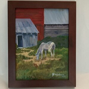 Serene Farm Scene Painting of a horse with Brown Frame - Hand Painted